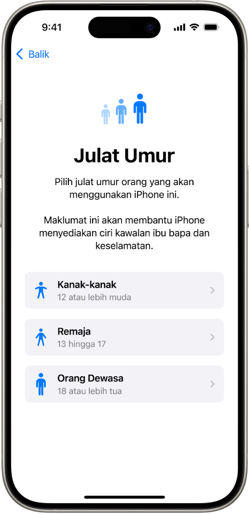 Skrin persediaan Julat Umur. Tiga julat umur disenaraikan: Kanak-kanak (12 tahun atau lebih muda), Remaja (13 hingga 17 tahun) dan Dewasa (18 tahun atau lebih tua).
