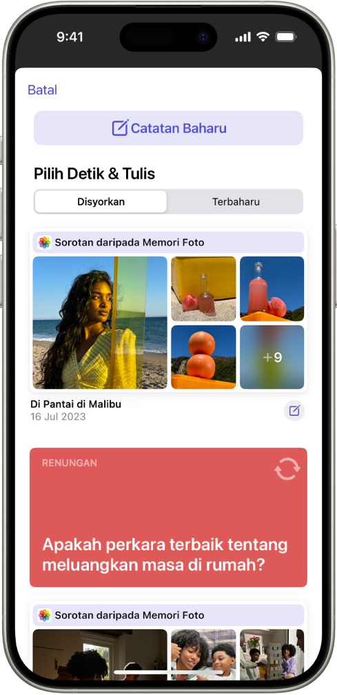Skrin menunjukkan butang Catatan Baharu di bahagian atas dan cadangan penjurnalan di bawah.