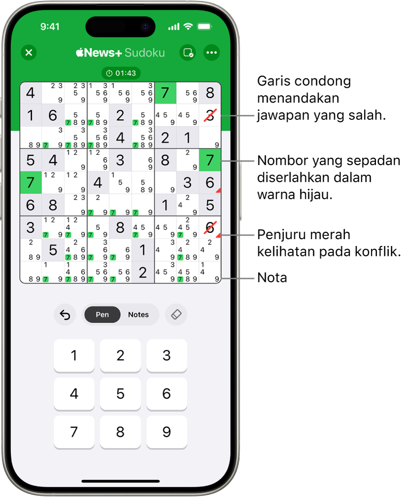 Teka-teki sudoku dengan beberapa ciri diaktifkan: Nota, Serlahkan Nombor Sepadan, Tunjukkan Konflik dan Autocheck.
