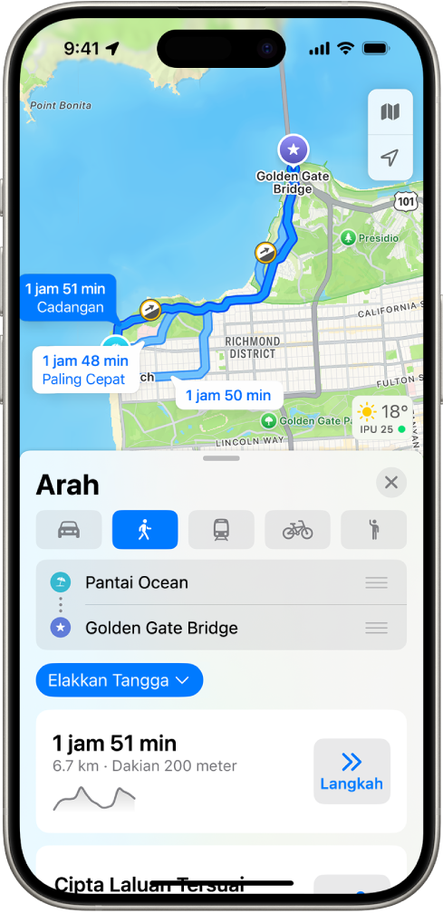 Peta menunjukkan laluan berjalan. Kad laluan di bahagian bawah memberikan butiran untuk laluan, termasuk anggaran masa perjalanan dan perubahan ketinggian. Butang Pergi kelihatan di sebelah kanan butiran.