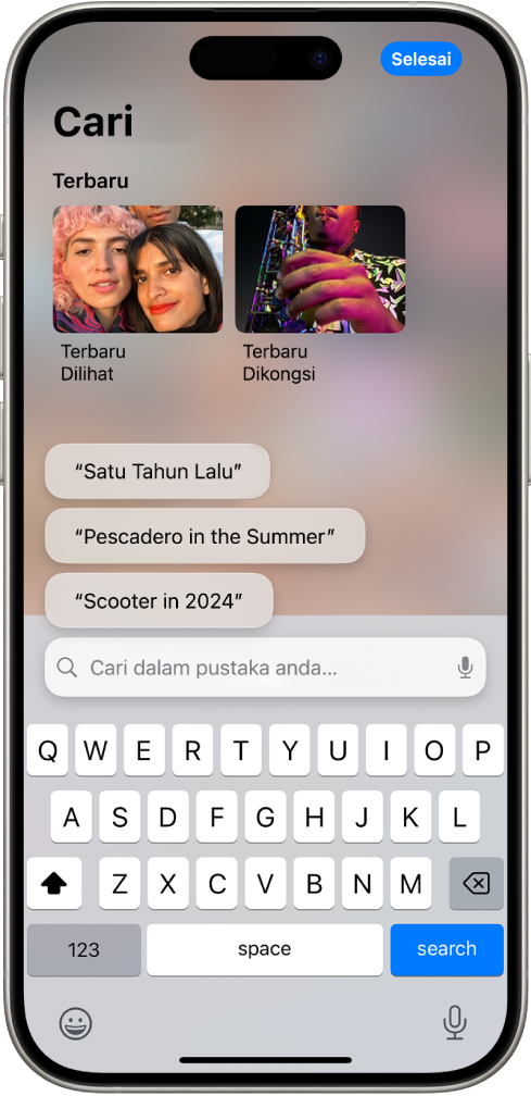 Skrin Cari dalam app Foto. Di bahagian atas skrin ialah dilihat terbaru atau item dikongsi, diikuti dengan carian yang dicadangkan, kemudian medan carian.