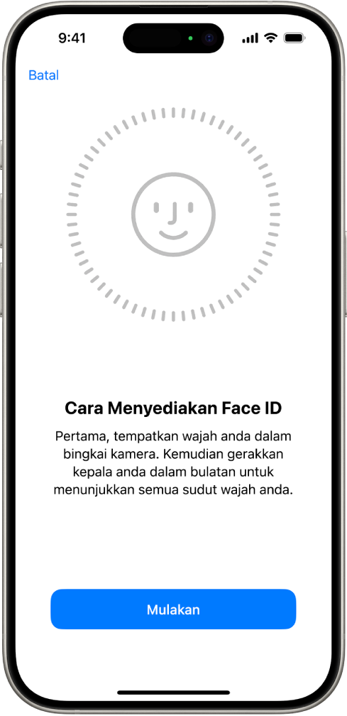 Skrin persediaan pengecaman Face ID. Muka ditunjukkan pada skrin, dikurung dalam bulatan. Teks di bawah muka mengarahkan pengguna untuk menggerakkan kepala mereka dengan perlahan untuk melengkapkan bulatan.