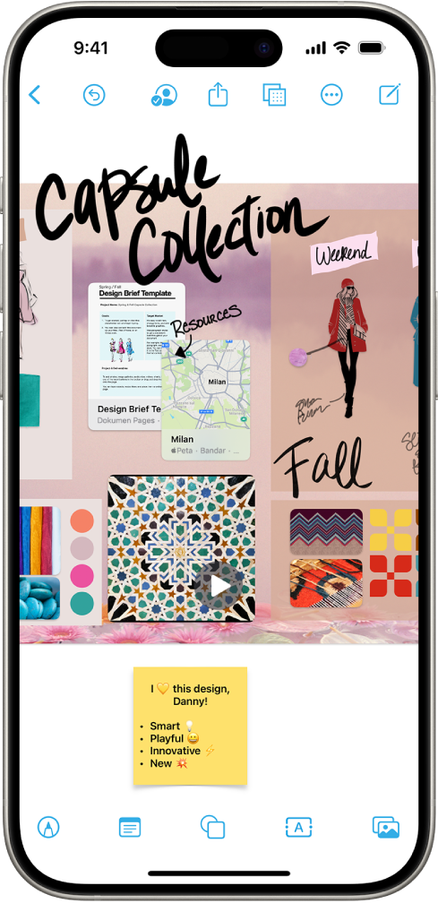iPhone dengan app Freeform dibuka. Papan termasuk tulisan tangan, teks, lukisan, bentuk, foto, video, nota lekat, pautan dan fail lain.