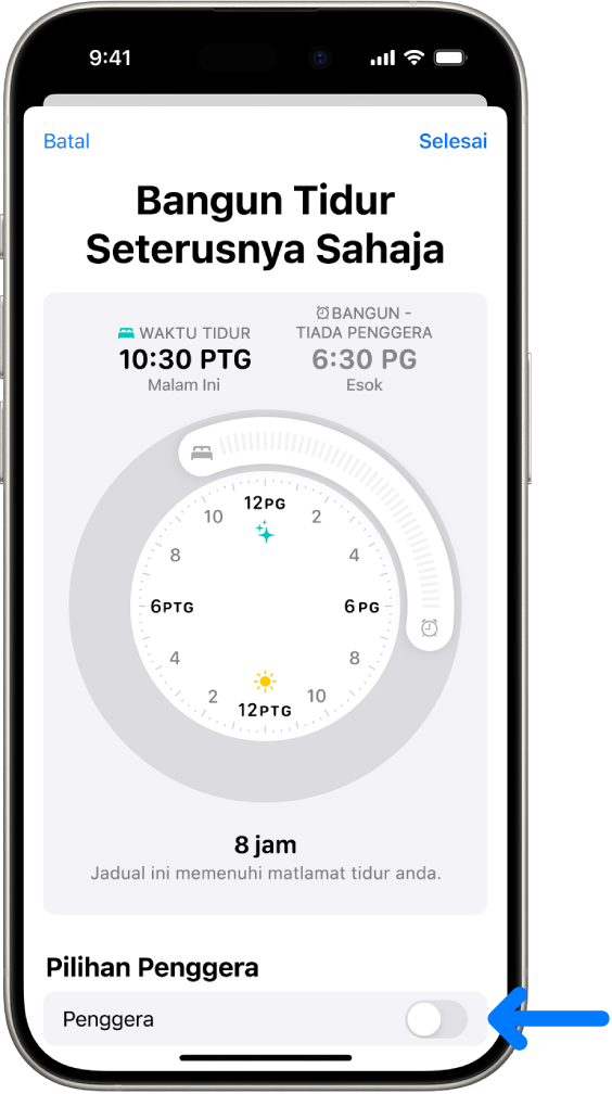Skrin Bangun Seterusnya Sahaja dalam Kesihatan dengan Penggera dinyahaktifkan di bahagian bawah.