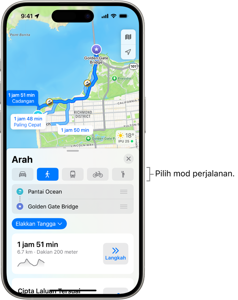 Peta menunjukkan beberapa laluan memandu antara dua lokasi, dengan butang untuk memilih mod perjalanan lain, menukar titik permulaan dan destinasi serta melihat arah sebagai langkah.