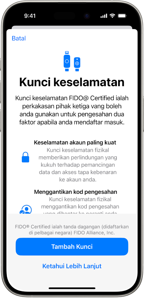 Halaman mula Kunci Keselamatan. Berhampiran bahagian bawah ialah butang Tambah Kunci Keselamatan dan pautan Ketahui Lebih Lanjut. Di atasnya ialah teks penjelasan tentang manfaat menggunakan kunci keselamatan.