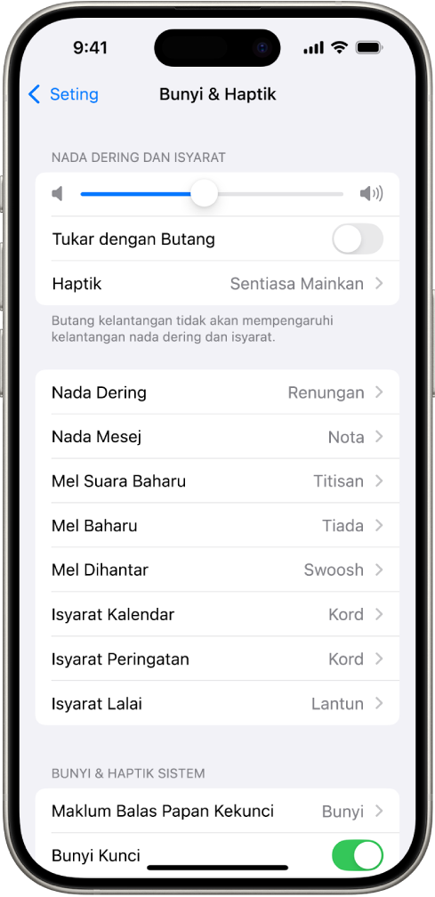 Skrin Bunyi dan Haptik dalam Seting. Pilihan atas skrin dari atas ke bawah ialah Audio Fon Kepala dan Keselamatan Fon Kepala, Nada Dering dan Kelantangan Isyarat dengan gelangsar untuk melaraskan kelantangan dan pilihan untuk menukar kelantangan dengan butang, serta Corak Bunyi dan Haptik termasuk Nada Dering dan Nada Teks.