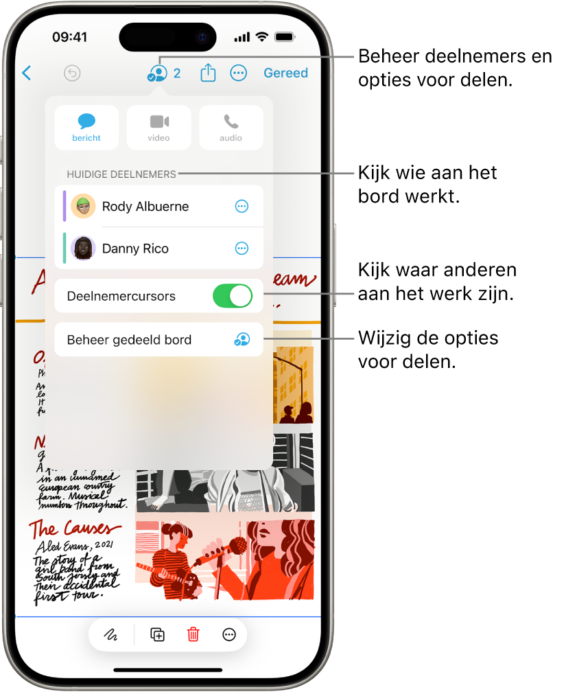 Een gedeeld Freeform-bord op een iPhone waarop het samenwerkingsmenu te zien is.