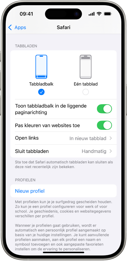 Een scherm met twee lay-outopties voor Safari: 'Tabbladbalk' en 'Eén tabblad'.