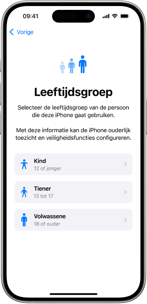 Het configuratiescherm 'Leeftijdsgroep'. Er worden drie leeftijdsgroepen genoemd: 'Kind (12 of jonger)', 'Tiener (13 tot 17)' en 'Volwassene (18 of ouder).