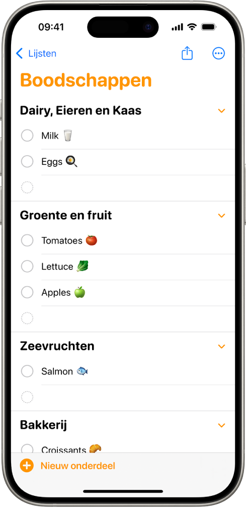 De Herinneringen-app met een boodschappenlijst en onderdelen in categorieën, zoals 'Groenten en fruit' en 'Zeevruchten'.
