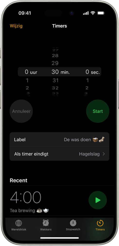 Een scherm voor het toevoegen van een timer, met instellingen om een timer in te stellen en een knop om een onlangs aangemaakte timer te starten.