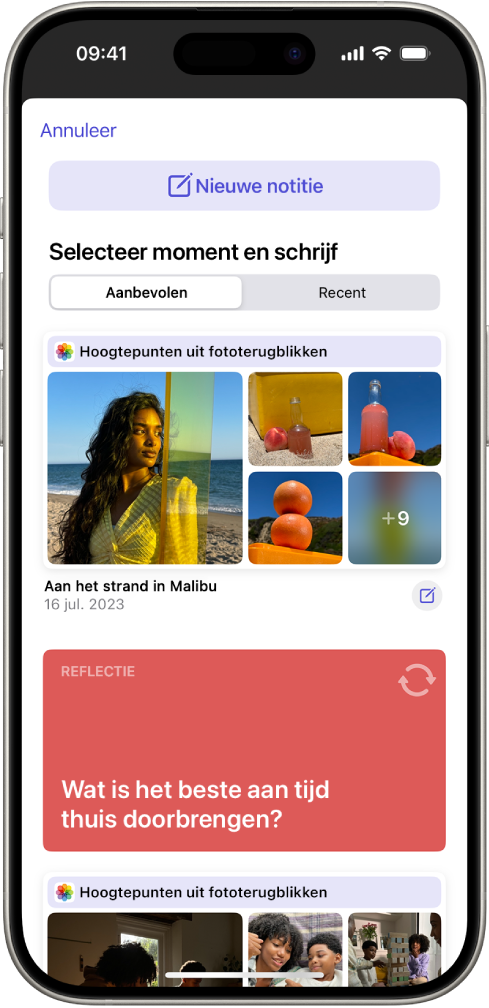 Een scherm met bovenin de knop 'Nieuwe notitie' en daaronder suggesties voor het bijhouden van je dagboek.