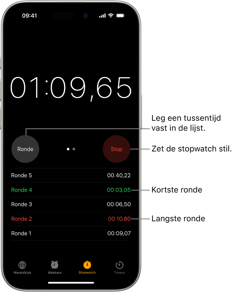 Op een stopwatch in de Klok-app is te zien hoeveel tijd in een gebeurtenis is verstreken en daaronder staan verschillende ronden binnen die gebeurtenis.
