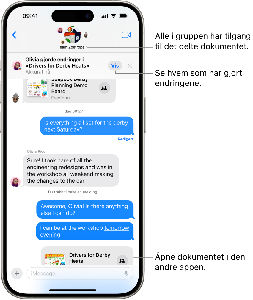 En gruppesamtale i Meldinger, en samarbeidsinvitasjon og oppdateringer øverst i samtalevinduet.