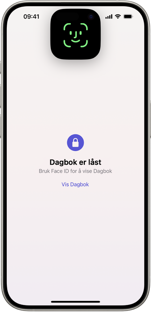 En skjerm som ber brukeren om å bruke Face ID til å låse opp dagboken.