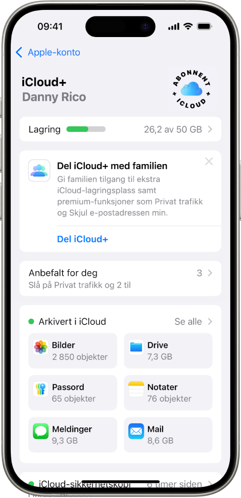 Skjermen for iCloud-innstillinger viser iCloud-lagringsmåleren og en liste med apper og funksjoner, blant annet Bilder, iCloud Drive og iCloud Mail, som kan brukes sammen med iCloud.