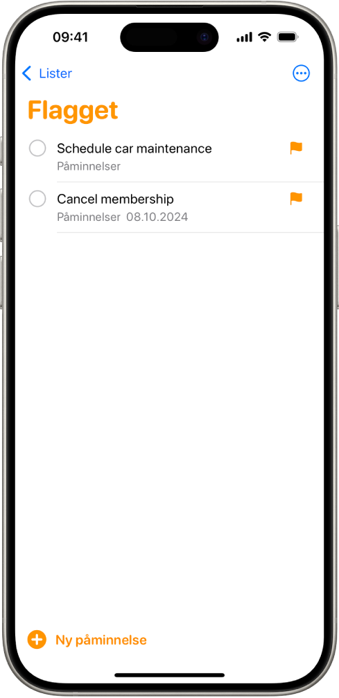 En Påminnelser-skjerm som viser en smart liste som inneholder alle flaggede objekter.