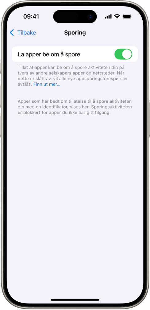 Sporing-skjermen, med en innstilling for å bestemme om apper kan be om tilgang til å spore deg på tvers av nettsteder eller apper som eies av andre selskaper.