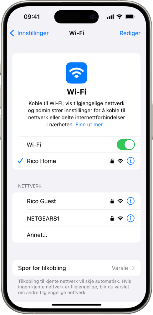 Skjermen for Wi-Fi-valg i Innstillinger. Wi-Fi er slått på og et nettverk er valgt.