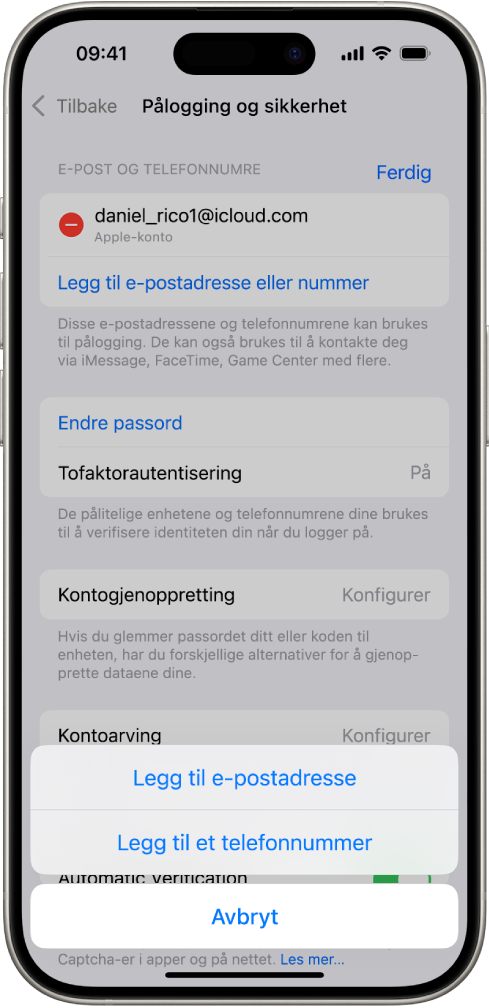 Pålogging og sikkerhet-skjermen i Innstillinger.