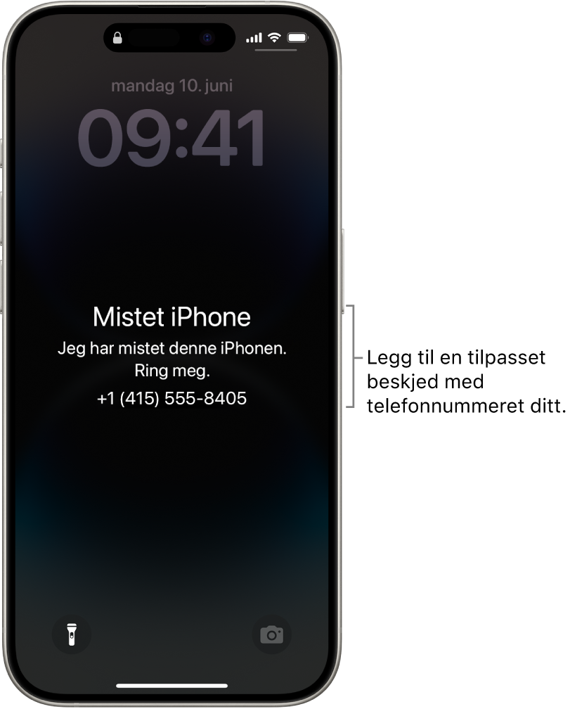 Låst skjerm på iPhone med en melding om mistet iPhone. Du kan legge til en tilpasset melding med telefonnummeret ditt.
