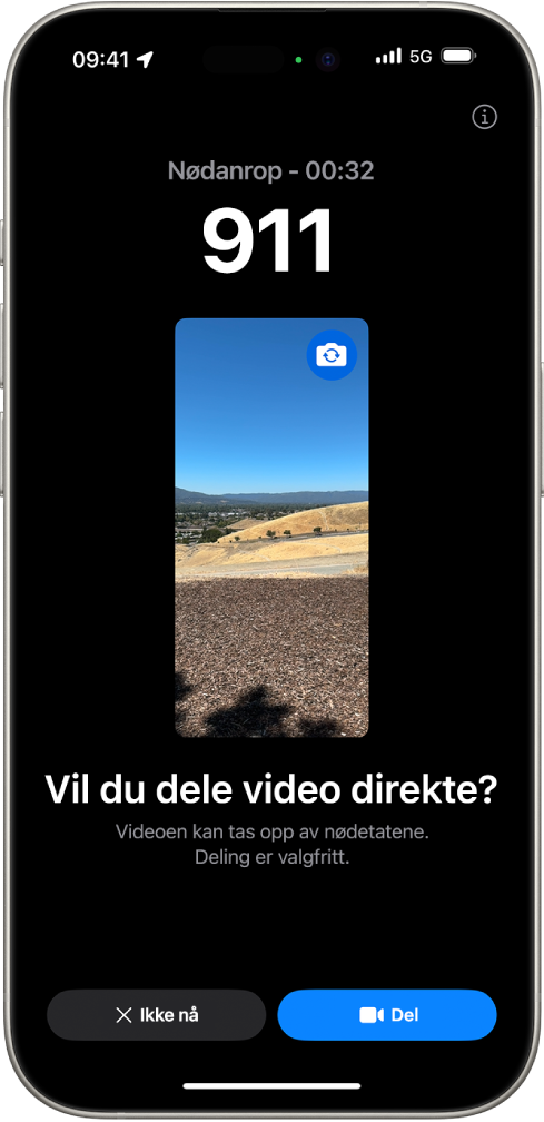 En Nødanrop (SOS) og direktesendt video-skjerm som viser et nødanrop til 911 med en video i midten. Nederst er knappene for Ikke nå og Del video.