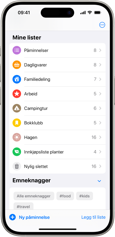 En Påminnelser-skjerm som viser flere lister og Emneknaggviseren nederst.