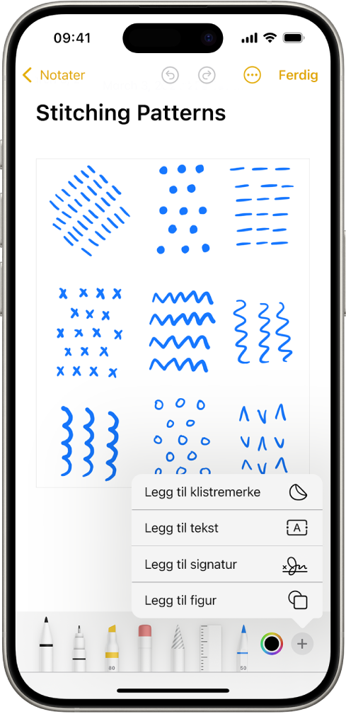 Merking-verktøylinjen er åpen nederst i et notat i Notater-appen, og Legg til-knappen nederst til høyre på skjermen er markert. Følgende alternativer er tilgjengelige i Legg til-menyen: Legg til klistremerke, Legg til tekst, Legg til signatur og Legg til figur.
