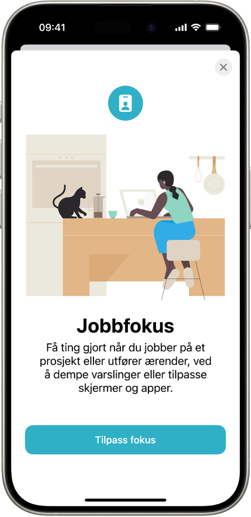 En skjerm som viser fire Fokus-valg – Ikke forstyrr, Egentid, Soving og Jobb. Del på tvers av enheter-knappen lar deg bruke samme Fokus-innstillinger på alle Apple-enhetene dine når du er logget på med samme Apple-konto.