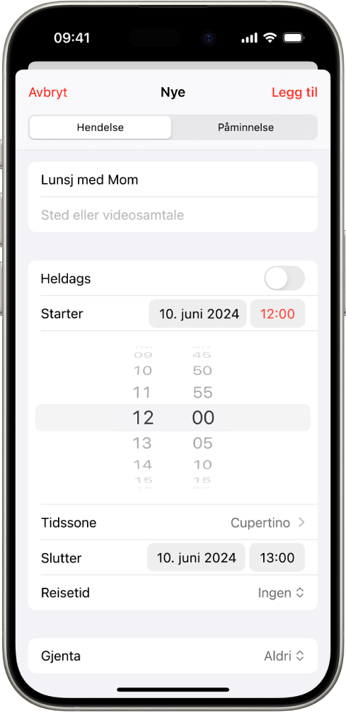 En kalenderhendelse som viser innstillinger for hendelsens tidspunkt og tidssone.