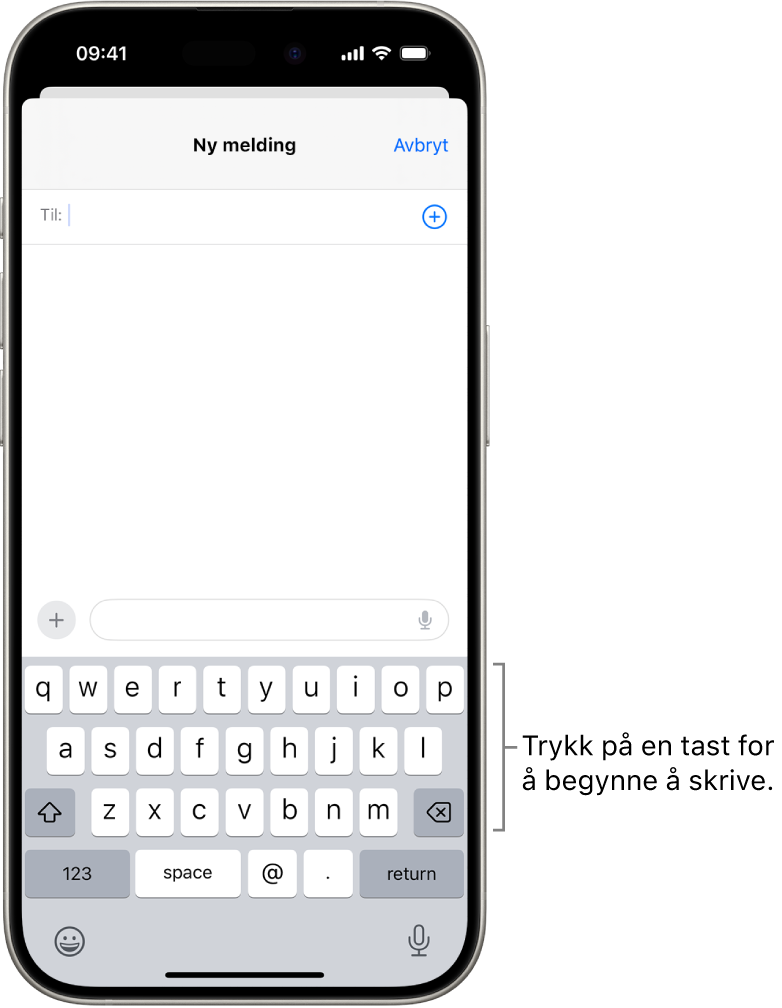 En tom e-postmelding er åpen i Mail-appen. Skjermtastaturet er på nederste halvdel av skjermen.