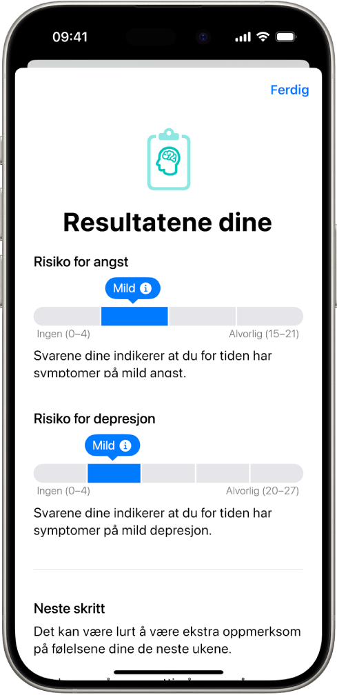 En skjerm i Helse-appen som viser resultater fra et spørreskjema om mental helse.