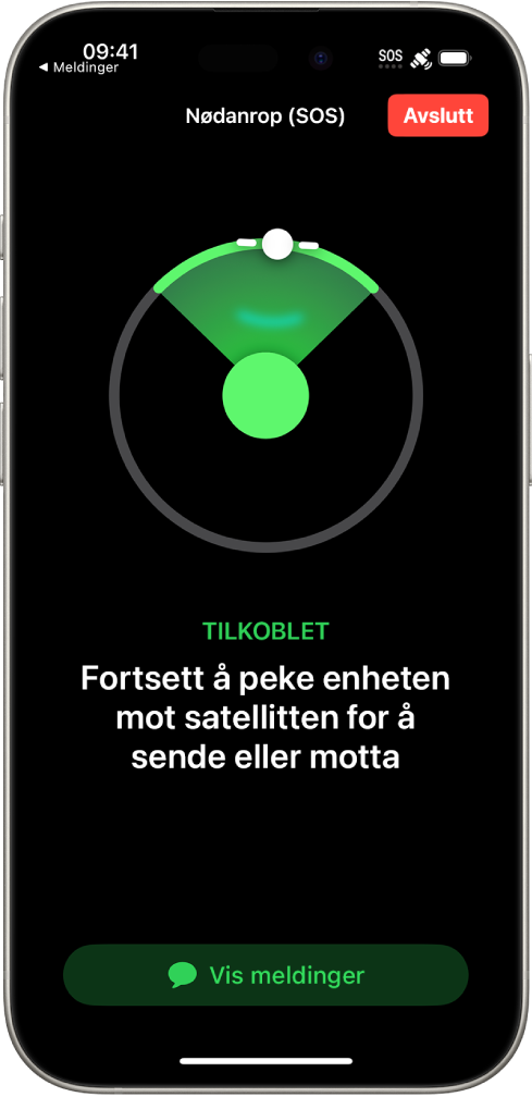 Nødanrop (SOS)-skjermen som viser at telefonen er koblet til og ber brukeren om å peke telefonen på en satellitt. Vis meldinger-knappen er nederst på skjermen.