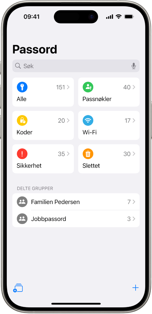 Hjem-skjermen for Passord-appen med knapper for Alle, Passnøkler, Verifiseringskoder, Wi-Fi, Sikkerhet og Slettet, og med en liste over Delte grupper.
