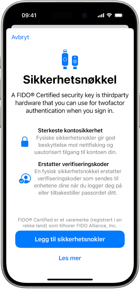 Sikkerhetsnøkler-velkomstskjermen. Nederst vises Konfigurer sikkerhetsnøkler-knappen og en Les mer-lenke. Ovenfor vises en forklarende tekst om fordelene ved sikkerhetsnøkler.