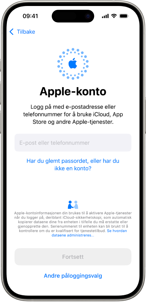 Påloggingsskjermen for Apple-konto.