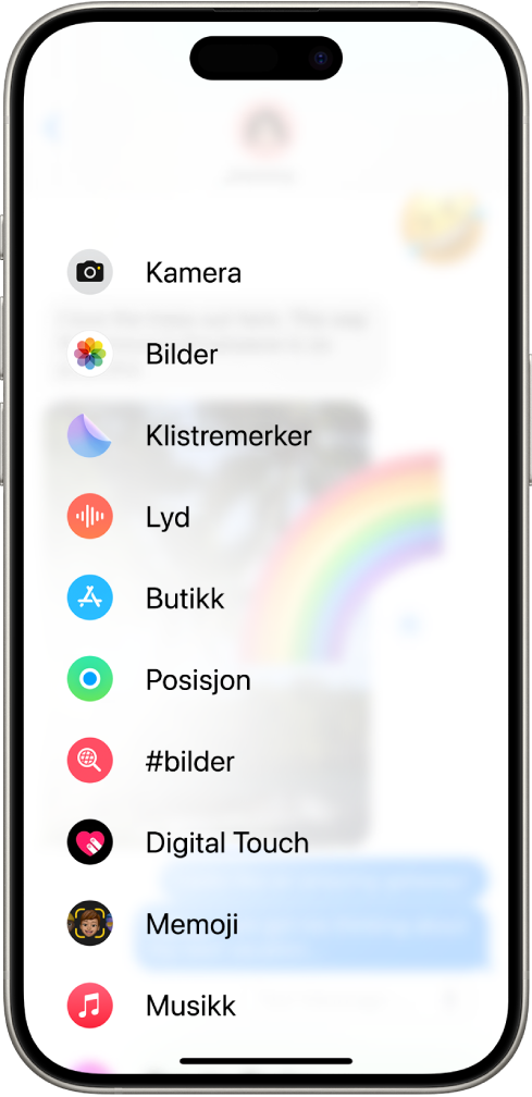 Når du trykker på Apper-knappen i en Meldinger-samtale, vises en liste over funksjoner du kan legge til i meldingen din.