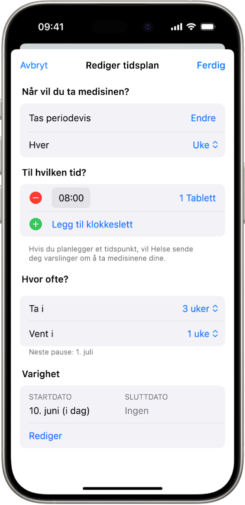 Medisiner-skjermen i Helse, som viser valg for å endre tidsplanen for en medisin.