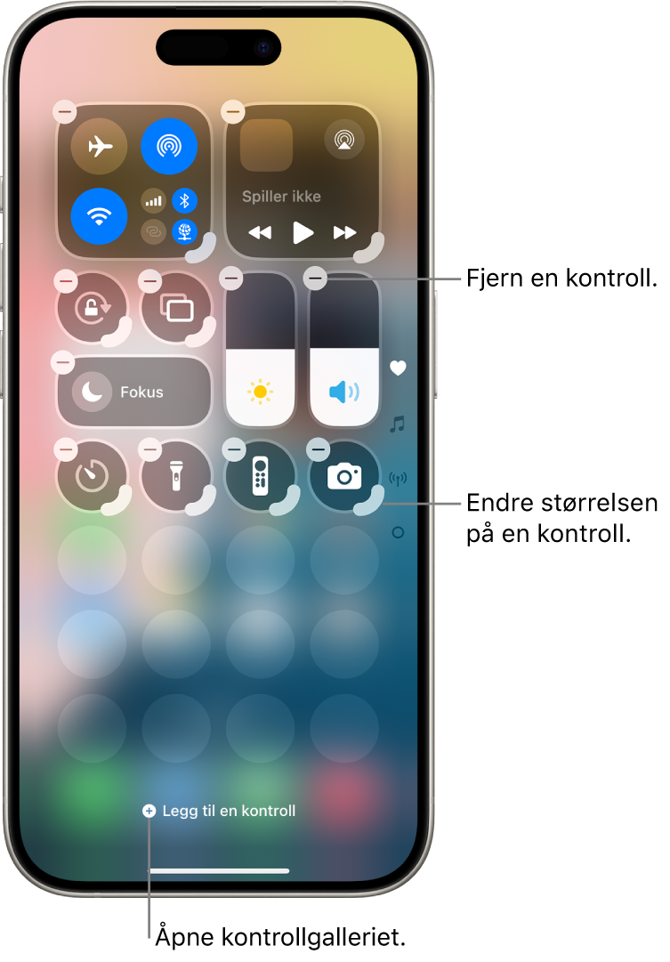 Kontrollsenter som redigeres, med en Fjern-knapp og et håndtak for å endre størrelsen på hver kontroll.