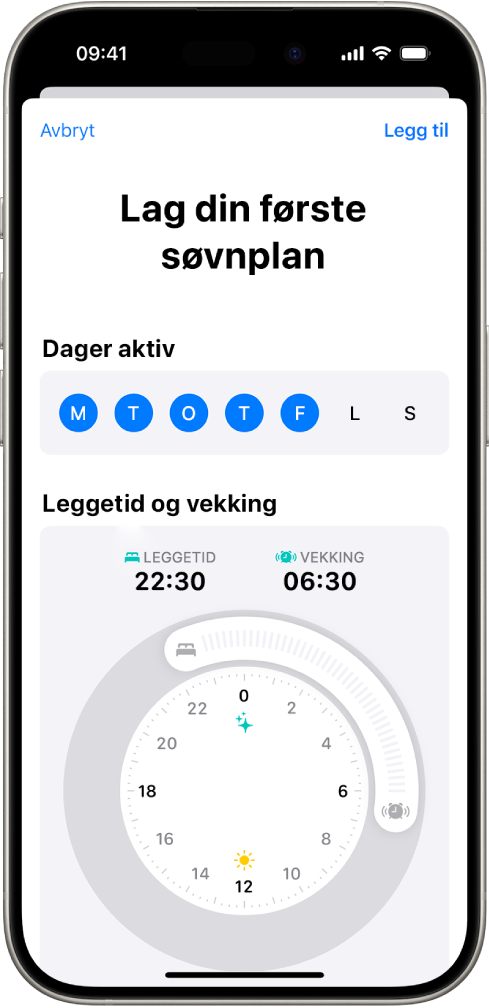 Skjermen Lag din første søvnplan i Helse-appen, med Dager aktiv-delen og klokker for leggetid og vekking.