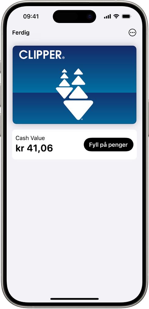 Et reisekort i Lommebok-appen som viser kontoens saldo og Fyll på penger-knappen.