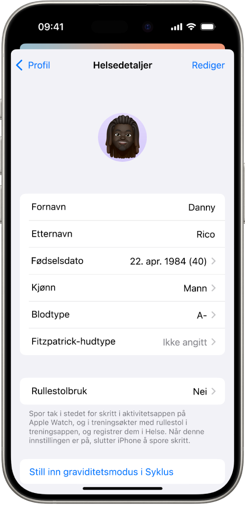 Helsedetaljer-skjermen med felter for navn, fødselsdato, blodtype og annen informasjon.