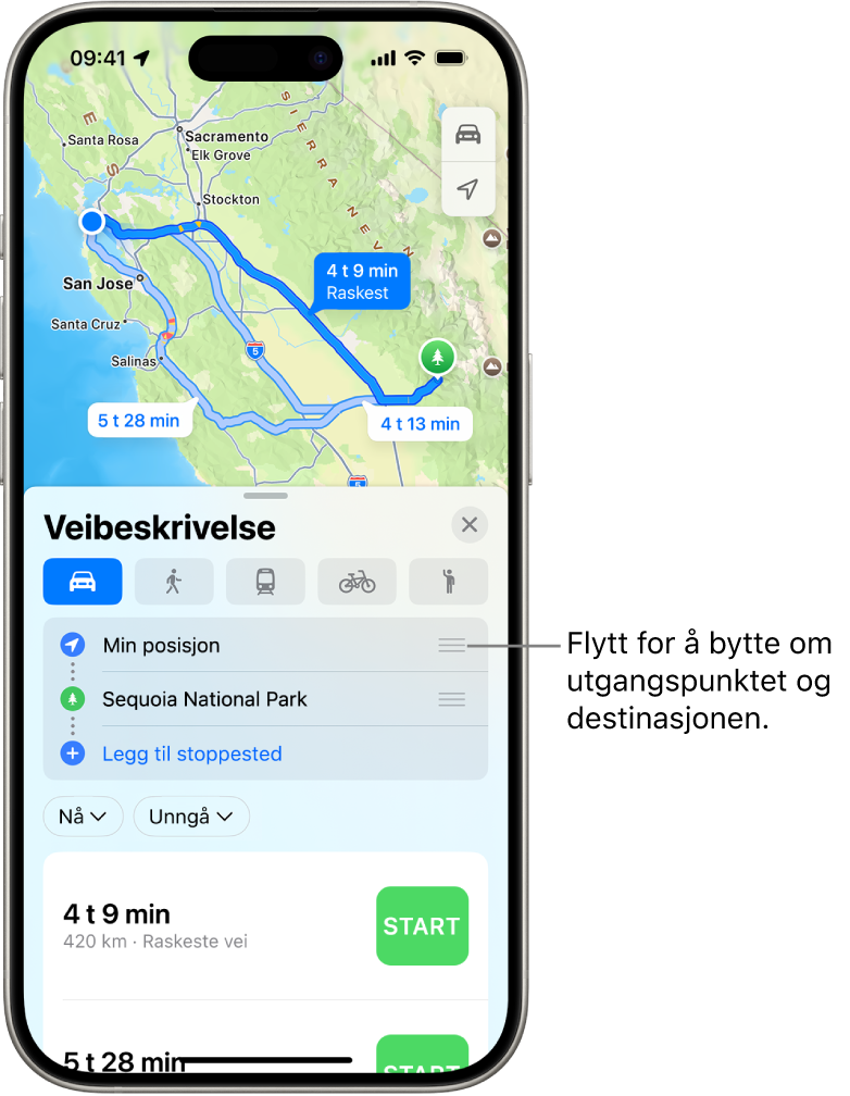 Et kart med flere ulike kjøreruter mellom Min posisjon og en destinasjon.
