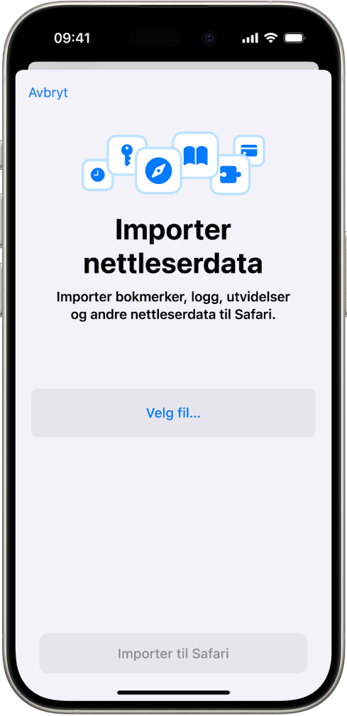 Importer nettleserdata-skjermen viser data fra en annen nettleser som skal importeres til Safari.