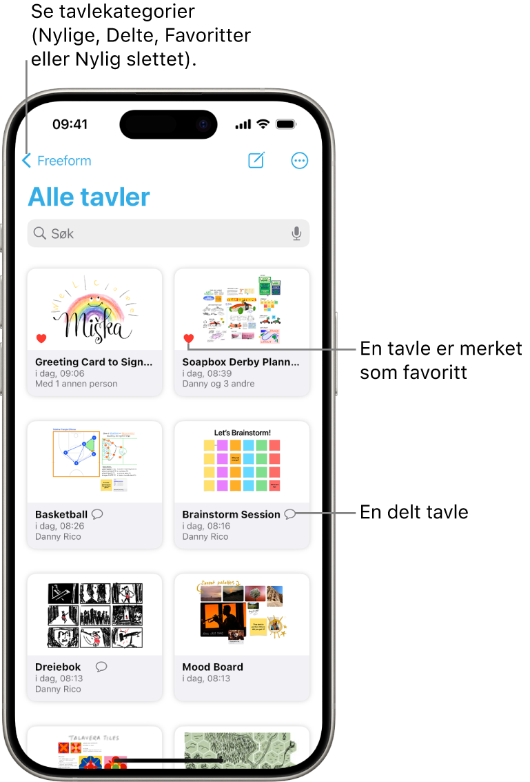 Alle tavler-skjermen i Freeform er åpen, og miniatyrbilder av åtte tavler vises.