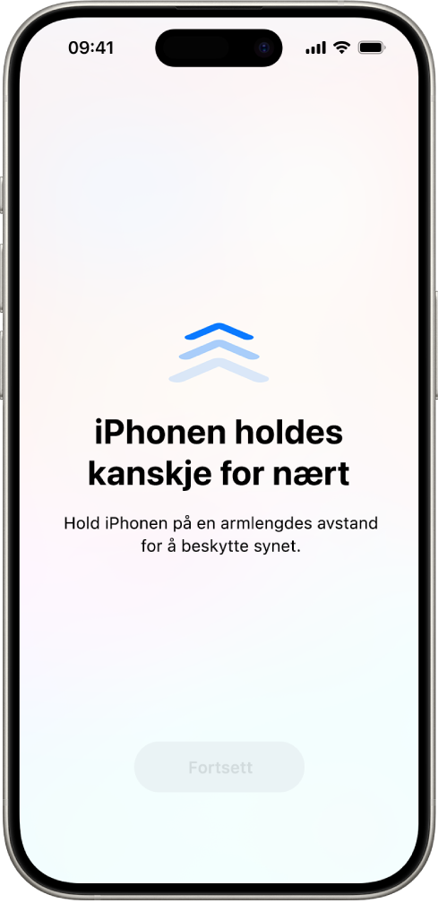 En advarsel på skjermen om at du holder iPhonen for nærme og at du må holde den lenger unna for å beskytte øynene dine. Advarselen dekker hele skjermen og hindrer deg i å fortsette å bruke enheten. Fortsett-knappen blir tilgjengelig når du har flyttet iPhonen til en trygg avstand.