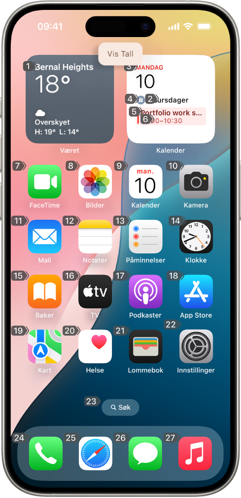 En iPhone viser et tall ved siden av hvert objekt på Hjem-skjermen. Øverst på skjermen vises Talekontroll-kommandoen «Vis tall».