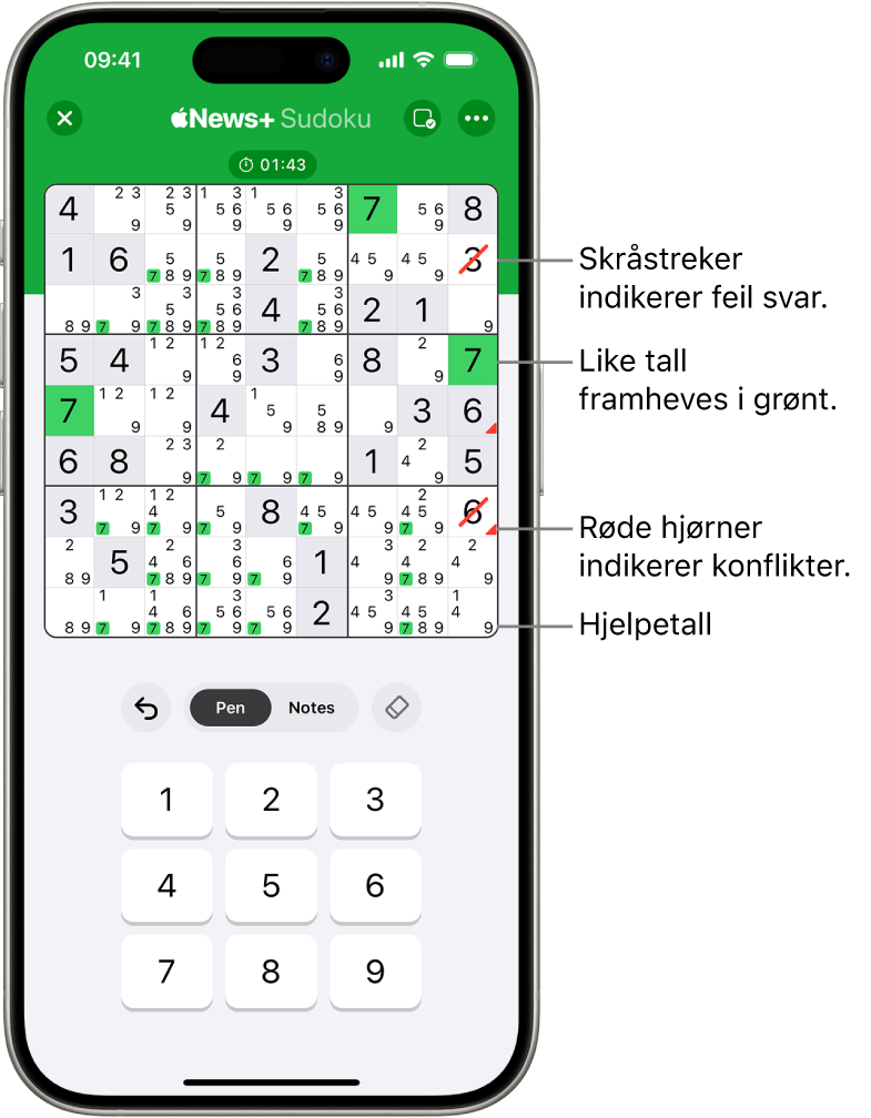 En sudoku-oppgave med flere funksjoner slått på: Notes, Highlight Matching Numbers, Show Conflicts og Autocheck.