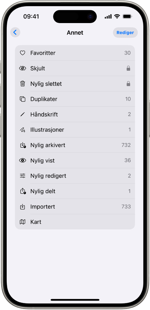 I Bilder-appen er Annet-samlingen åpen og viser en liste over bildesamlinger.